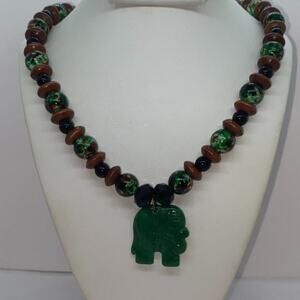 Handmade Beaded Black Brown Green Elephant Necklace